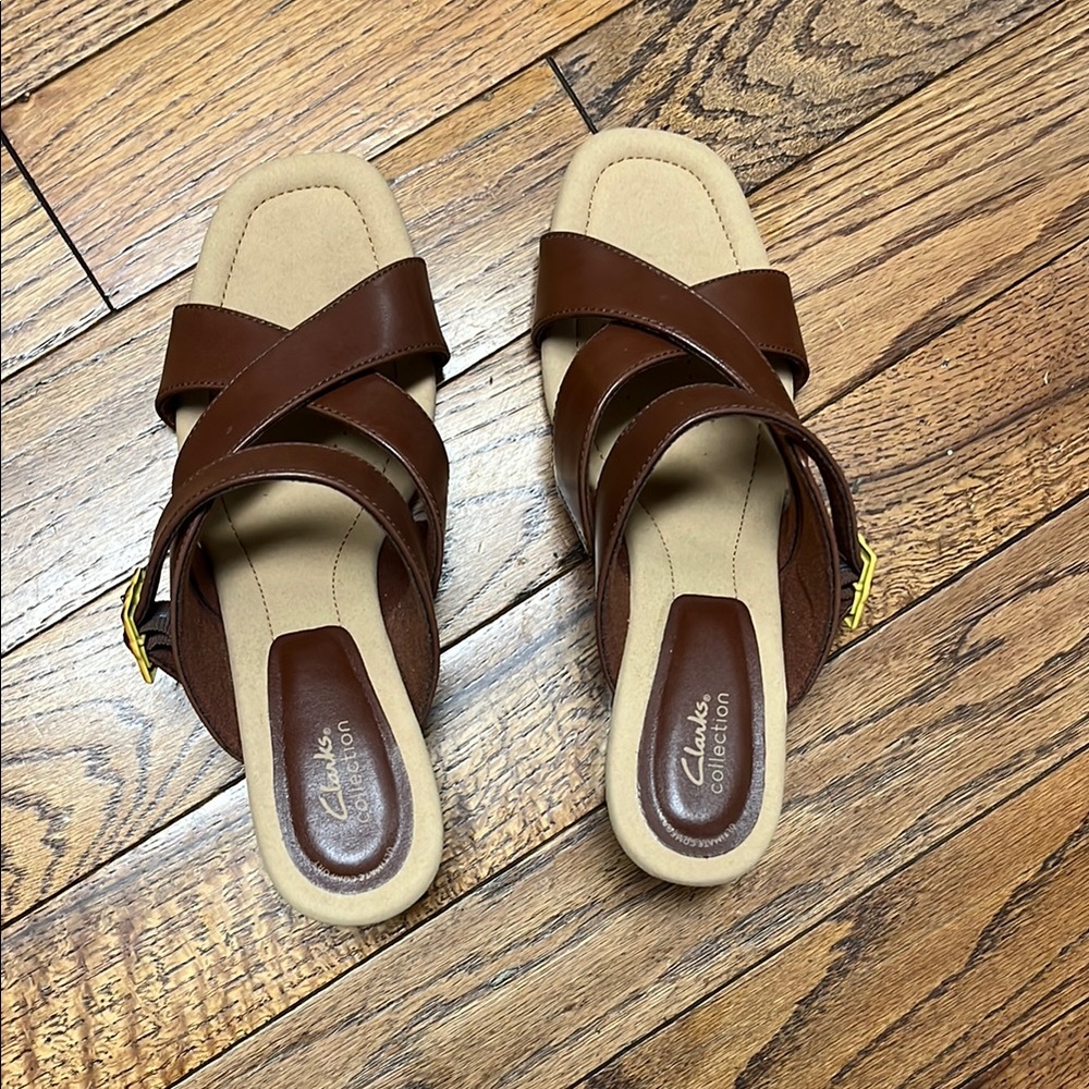 Clarks Brown Leather Crisscross Slide Mules